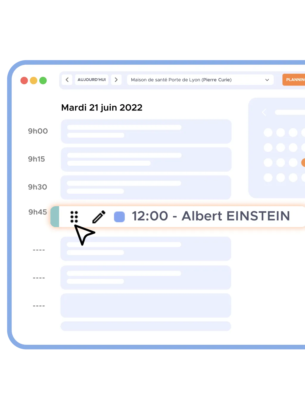 Agenda d'un médecin avec Albert Einstein sélectionné pour midi