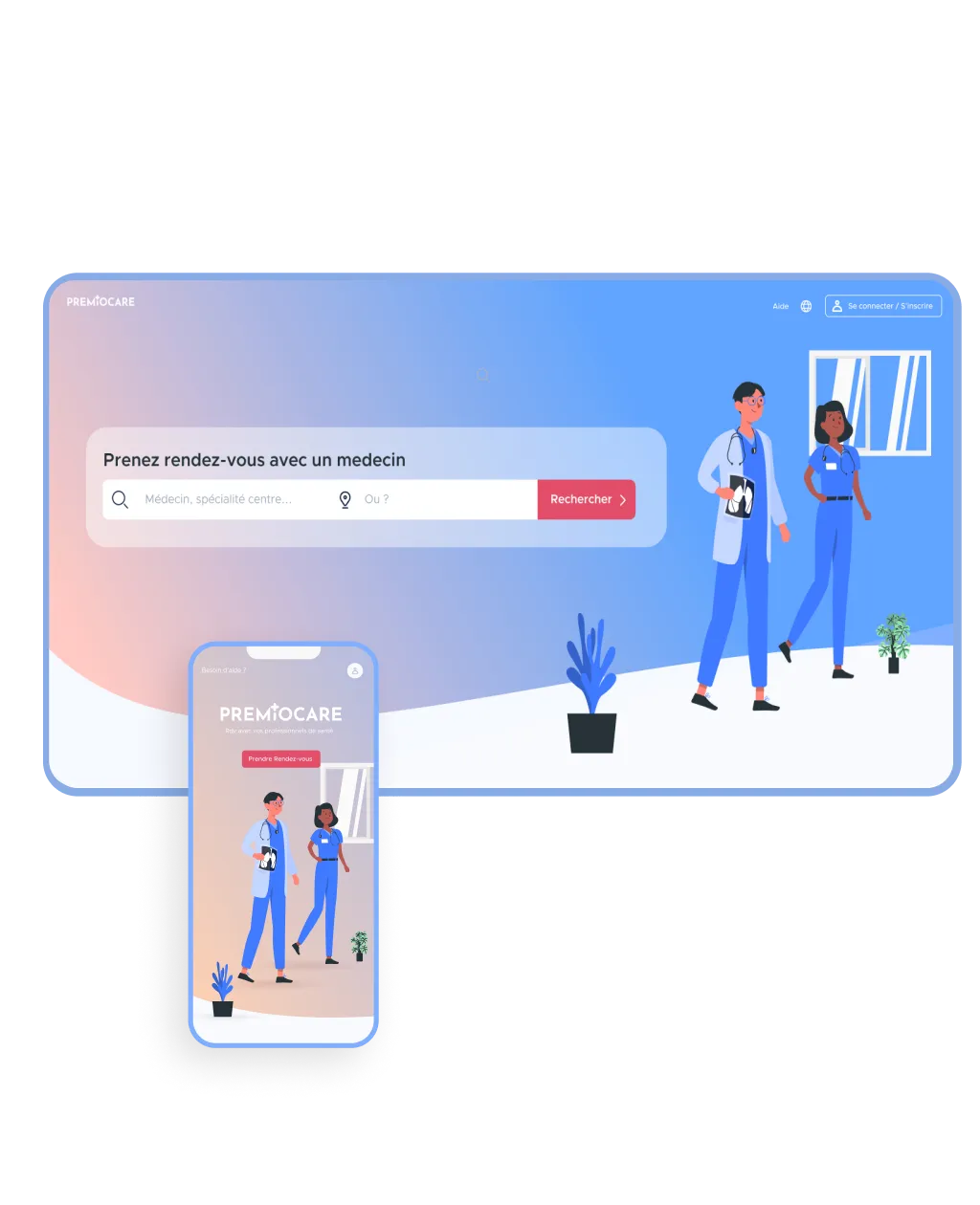 Mobile et écran présentant la page d'accueil du portail patient PremioCare